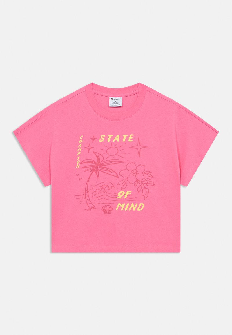 Ροζ βαμβακερό t-shirt με κοντά μανίκια, με γραφικό σχέδιο φοίνικα, ήλιου και το κείμενο "STATE OF MIND" σε κίτρινο χρώμα.