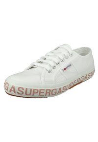 White canvas sneaker with round toe, flat rubber sole, and decorative logo on the side and heel. Features lace-up design and textured upper.