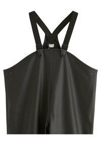 Sorte vandtætte overalls med justerbare sorte stropper og en glat, struktureret overflade. Har trykknapper i siderne for en sikker pasform.