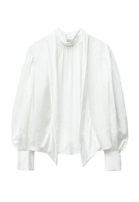 Weiße, strukturierte Bluse mit hohem Kragen, gefältelten Details und Ballonärmeln. Weicher Stoff mit dezentem Glanz und eleganter Drapierung.