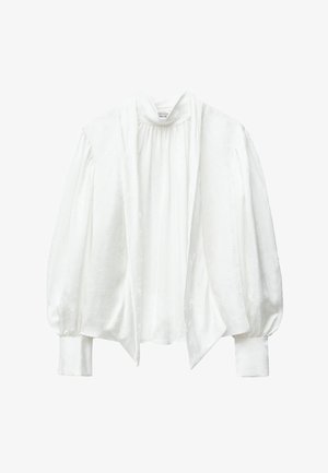 White, textured blouse featuring a high collar, pleated detailing, and balloon sleeves. Soft fabric with a subtle sheen and elegant draping.