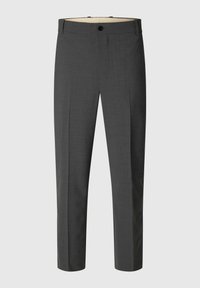 Grau maßgeschneiderte Hosen aus einem glatten Stoff, mit geradem Bein, Knopfverschluss und einem minimalistischen Design ohne sichtbare Muster.