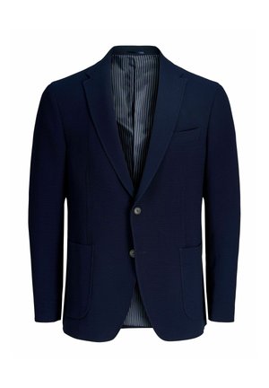 Blazer bleu marine pour homme avec deux boutons, revers crantés, deux poches avant, poche poitrine et doublure intérieure rayée, présenté sur fond blanc.