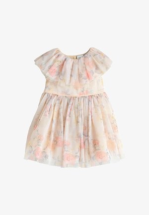 Vestito floreale rosa chiaro con maniche arricciate, gonna plissettata e sovrapposizione trasparente. Presenta motivi floreali pastello e una texture morbida.