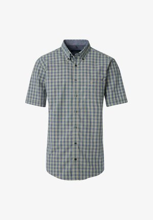 Kurzärmliges Hemd mit Knopfleiste im grün-blauen karierten Muster, ausgestattet mit einem Kragen, einer Brusttasche und dunklen Knöpfen.