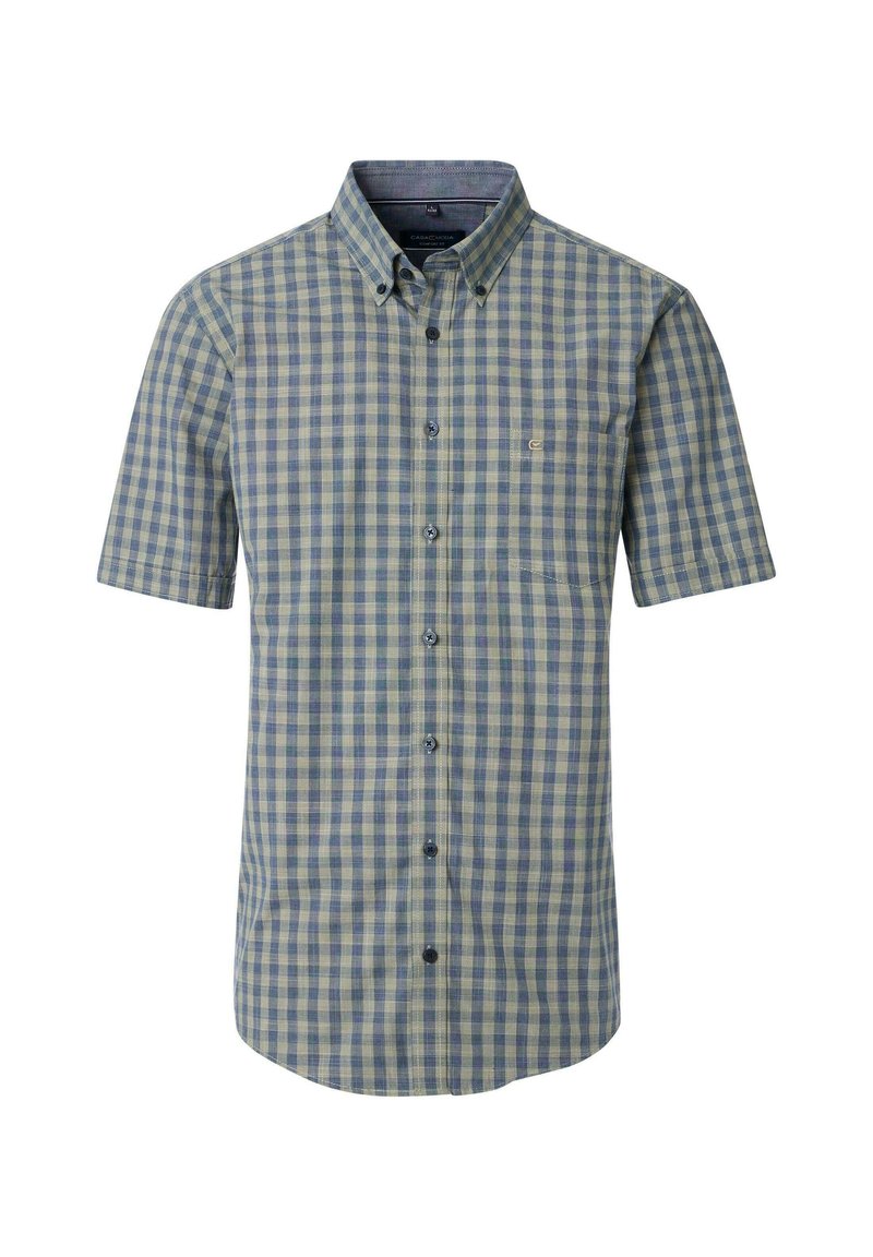 Kurzärmliges Hemd mit Knopfleiste im grün-blauen karierten Muster, ausgestattet mit einem Kragen, einer Brusttasche und dunklen Knöpfen.