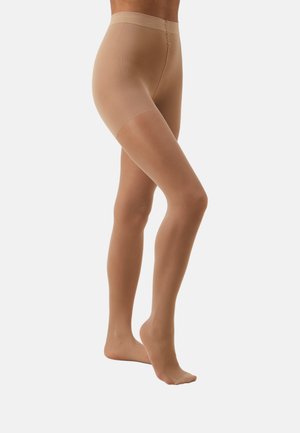 Nude sheer tights with a smooth finish, high waistband, and reinforced toe. The material is lightweight and stretchy, providing a snug fit.