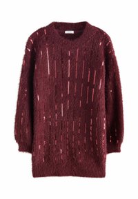 Bordeaux trui met een fuzzy textuur, met verticale rijen pailletten. Ronde halslijn en lange mouwen, relaxed fit.