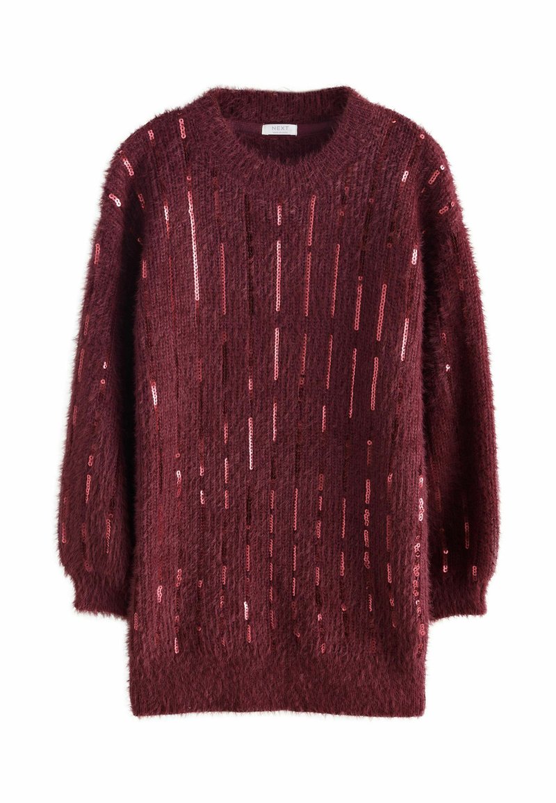 Bordeaux trui met een fuzzy textuur, met verticale rijen pailletten. Ronde halslijn en lange mouwen, relaxed fit.