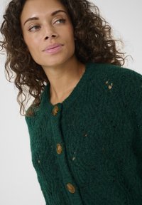 Zaļš adīts džemperis ar faktūras rakstu, apaļu kakla izgriezumu un lielām brūnām pogām gar priekšu. Mīksta, silta materiāla.