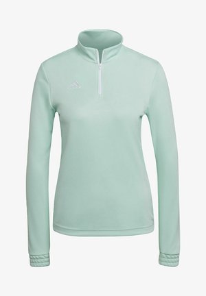 Helles mintgrünes Sweatshirt mit hohem Kragen, Viertelreißverschluss und langen Ärmeln. Mit gerippten Bündchen und einem kleinen Logo auf der Brust.