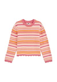 Pulover rayat în roz, portocaliu și alb, cu un guler rotund, mâneci lungi și un tiv ondulat. Textură tricotată cu detalii din dantelă.