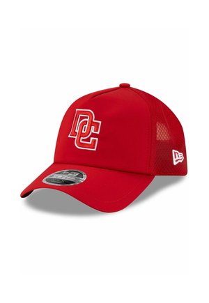 Red baseball cap with mesh back, white and red overlapping "DC" logo on front, and small white New Era logo on side.