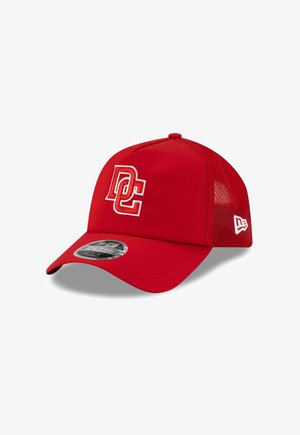 Red baseball cap with mesh back, white and red overlapping "DC" logo on front, and small white New Era logo on side.