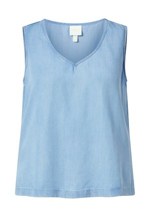 Bezrękawnik w jasnoniebieskim kolorze z dekoltem w serek, o prostych obszyciach i miękkiej, gładkiej teksturze tkaniny, przedstawiony na białym tle.