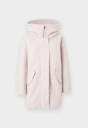 Light pink fleece coat with a hood, featuring a front zip closure and two angled pockets. The fabric has a soft, textured finish.