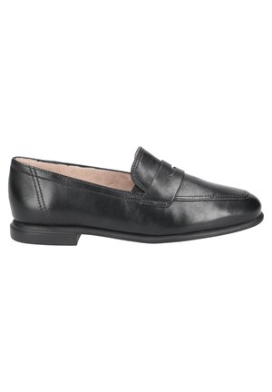 Black leather loafers with a flat sole, rounded toe, and subtle stitched accents on the vamp, featuring a smooth texture and classic design.
