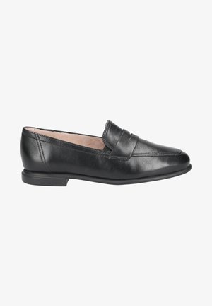 Black leather loafers with a flat sole, rounded toe, and subtle stitched accents on the vamp, featuring a smooth texture and classic design.