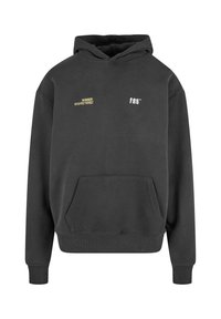 Charcoal gray hooded sweatshirt with front pocket, white "FAB™" text on right chest, and yellow text on left chest.