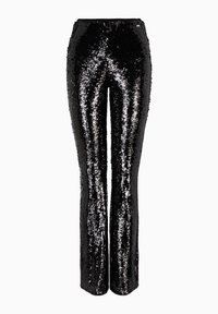 Pantalones de lentejuelas negros con cintura ajustada y piernas acampanadas, que presentan una textura suave y lentejuelas reflectantes que crean un efecto brillante.