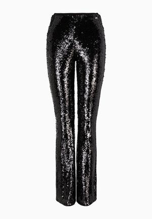 Pantaloni neri in paillettes con vita aderente e gambe svasate, caratterizzati da una texture liscia e paillettes riflettenti che creano un effetto luccicante.