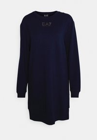 Marinblå sweatshirtklänning med långa ärmar, rundad halsringning, lös passform och framfickans EA7-logotyp i metalliska accenter. Mjukt material.