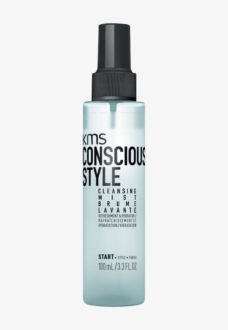KMS Conscious Style Cleansing Mist 100ml spray bottle for hair hydration and refreshment with black pump top against white background.