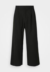 Black wide-leg trousers with a smooth texture, pleated front, elasticated waistband, and a single button closure.