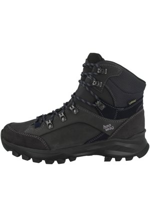 Black hiking boots with a textured finish, featuring metal eyelets, dark laces, and a durable sole designed for traction and stability.