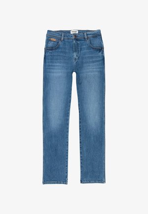 Jeans de denim azul com um design de perna reta, apresentando um estilo clássico de cinco bolsos e um desbotamento subtil no tecido.