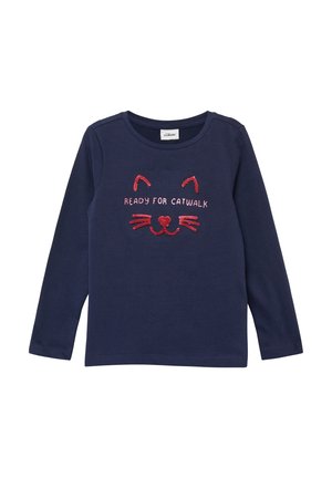 Marineblauw longsleeve shirt met ronde hals; bevat een sprankelend kattengezichtontwerp en de tekst "READY FOR CATWALK" in roze en rood.