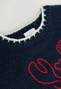 Granatowy dzianinowy sweter z białym prążkowanym kołnierzem. Ozdobiony czerwonym haftowanym wzorem. Metka z napisem „NEXT” widoczna na karku.