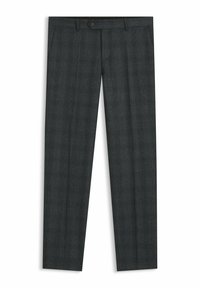 Donkergrijze geruite broek van een wolmix. Voorzien van een knoopsluiting, zijzakken en een slim fit ontwerp met een soepele textuur.