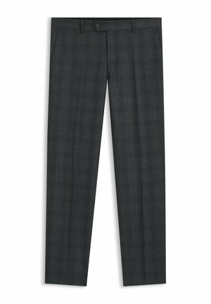 Donkergrijze geruite broek van een wolmix. Voorzien van een knoopsluiting, zijzakken en een slim fit ontwerp met een soepele textuur.