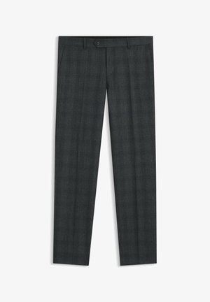 Dunkelgraue Karohosen aus einer Wollmischung. Sie verfügen über einen Knopfverschluss, Seitentaschen und ein schlankes Design mit einer glatten Textur.