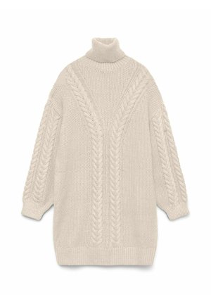 Robe pull à col roulé en tricot torsadé de couleur crème, avec des manches longues et des poignets et un ourlet côtelés.