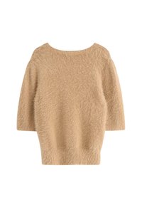 Beige fluffig tröja med mjuk textur, bred båthalsringning och korta ärmar, med en avslappnad passform och minimala designdetaljer.