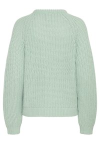 Suéter de punto verde menta con un acabado texturizado, cuello redondo acanalado, mangas largas en raglán, y puños y dobladillo acanalados. Se muestra vista trasera.