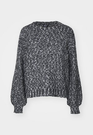 Texturiertes schwarz-weißes Strickpullover mit rundem Ausschnitt, langen Ballonärmeln und gerippten Bündchen und Saum. Lässige Passform, warmes Material.