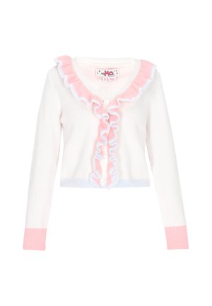 Cardigan alb cu accente de volănașe roz și albastru deschis de-a lungul gâtului, prezintă un închidere cu nasturi și mâneci lungi cu tivuri încrețite.