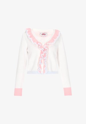 Witte cardigan met roze en lichtblauwe ruffels langs de halslijn, heeft een knoopsluiting aan de voorkant en lange mouwen met ribgebreide manchetten.