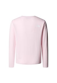 Ružičasta majica s dugim rukavima od mekanog tkiva s okruglim izrezom. Ima mali bijeli logo na gornjem dijelu leđa. Glatka tekstura.