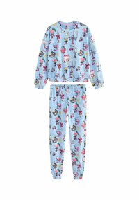 Blå pyjamasset med ett mönster av tårtor, ljus och dekorationer; materialet är mjukt och elastiskt med resår i ärmarna.
