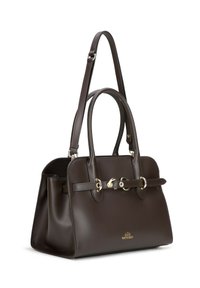 Brązowa skórzana torebka z podwójnymi uchwytami, złotymi detalami, usztywnioną formą i polerowanym wykończeniem. Z przodu umieszczone jest logo marki.