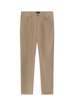 Beige cotton pants with a slim fit, featuring a front button closure, five pockets, and subtle stitching details on the seams.