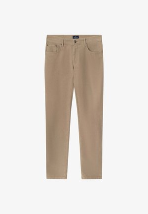 Beżowe bawełniane spodnie o dopasowanym kroju, z zapięciem na guzik z przodu, pięcioma kieszeniami i subtelnymi przeszyciami na szwach.