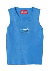 Top senza maniche blu in maglia con una texture a coste e una finitura lucida. Presenta un logo Diesel argentato prominente a forma ovale sul fronte.