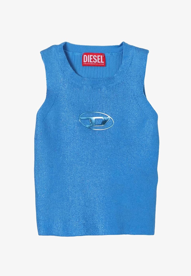 Top senza maniche blu in maglia con una texture a coste e una finitura lucida. Presenta un logo Diesel argentato prominente a forma ovale sul fronte.