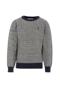 Szary i granatowy sweter z dzianiny, okrągłym dekoltem, prążkowanymi mankietami i dołem oraz małym logo na piersi. Strukturalny wzór tkaniny w całej powierzchni.