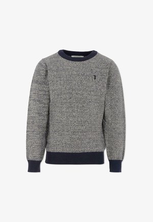 Szary i granatowy sweter z dzianiny, okrągłym dekoltem, prążkowanymi mankietami i dołem oraz małym logo na piersi. Strukturalny wzór tkaniny w całej powierzchni.